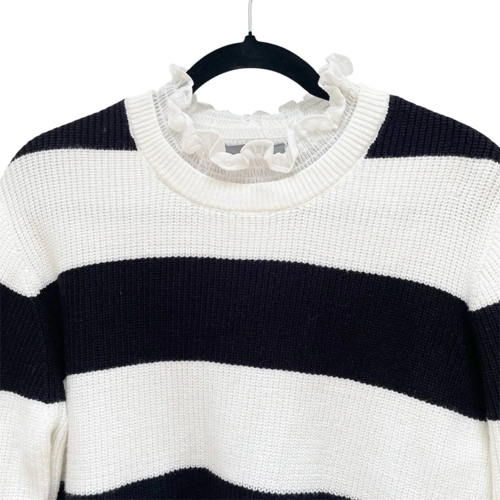 ANTHROPOLOGIE Ruffle Collar Sweater White Black Striped Pullover Medium NWT - Picture 5 of 13